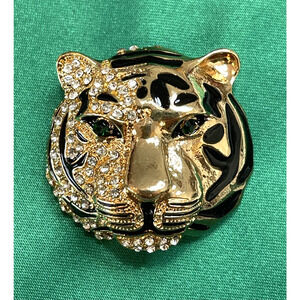NWOT Tiger Head Brooch Pin Enamel Gold Toned Rhinestone Green Eyes